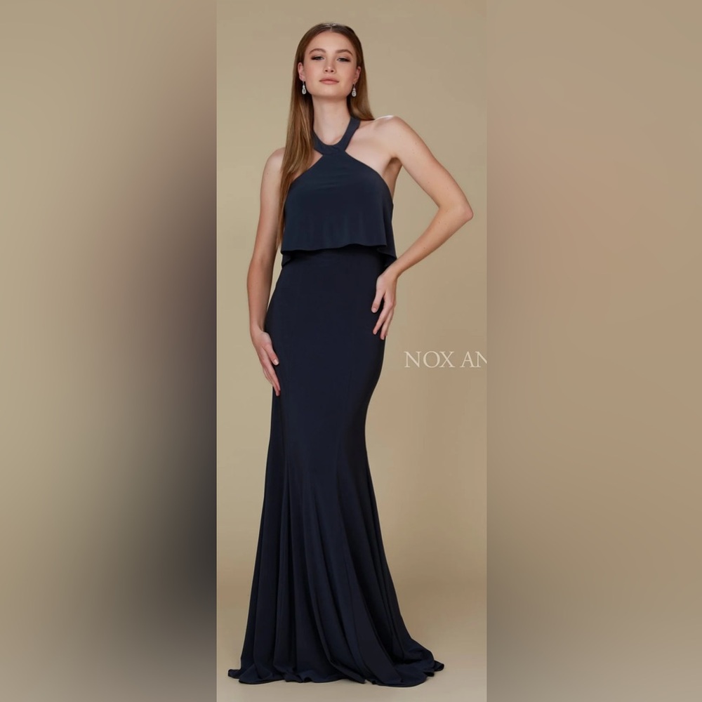 NOX Anabel Halter Neck Wave Overlay Trumpet Dress with Sweep Train color INK
